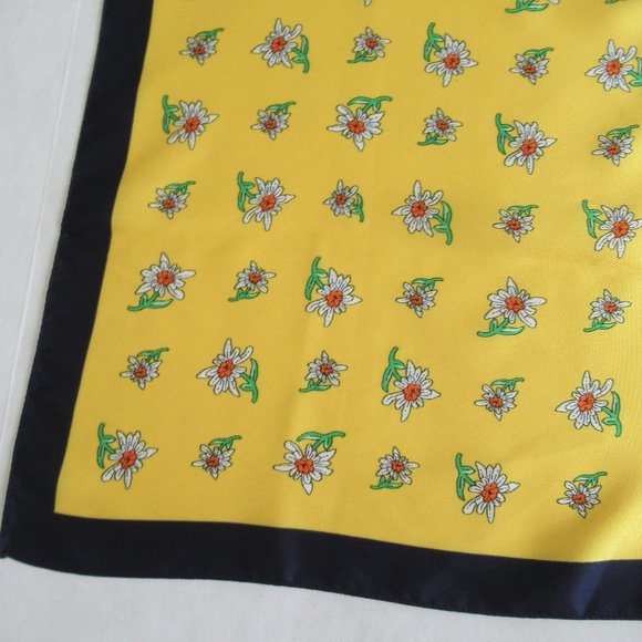 Vintage Italian Soft Silk Square Scarf Floral Yellow, Navy 22" x 22" *Flaw - Picture 6 of 10